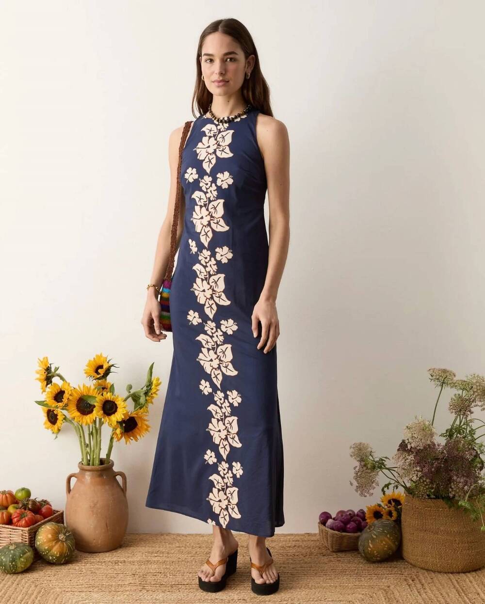NEW BOTEH palmetto column maxi dress in navy blue/ white
